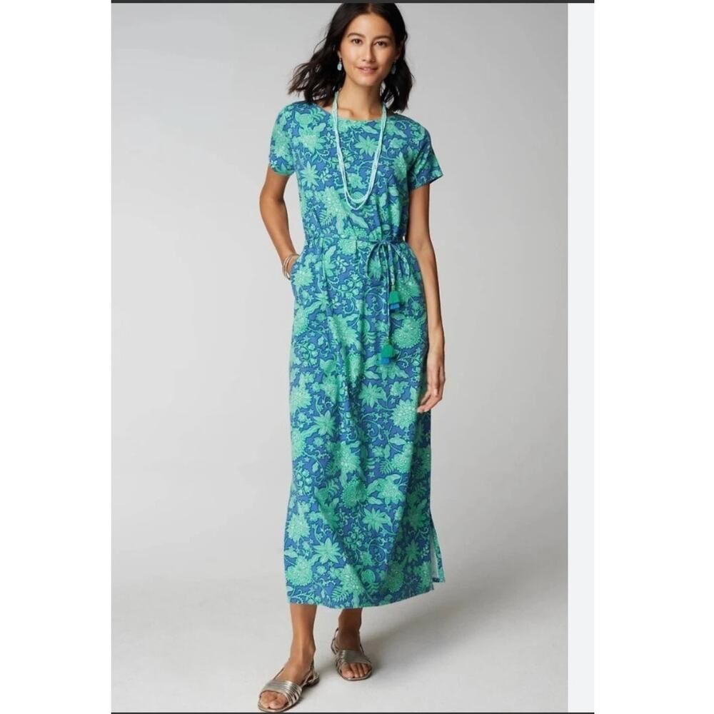 J Jill Maxi Dress Green Blue Floral Belted Tassles Cotton Blend Size Small